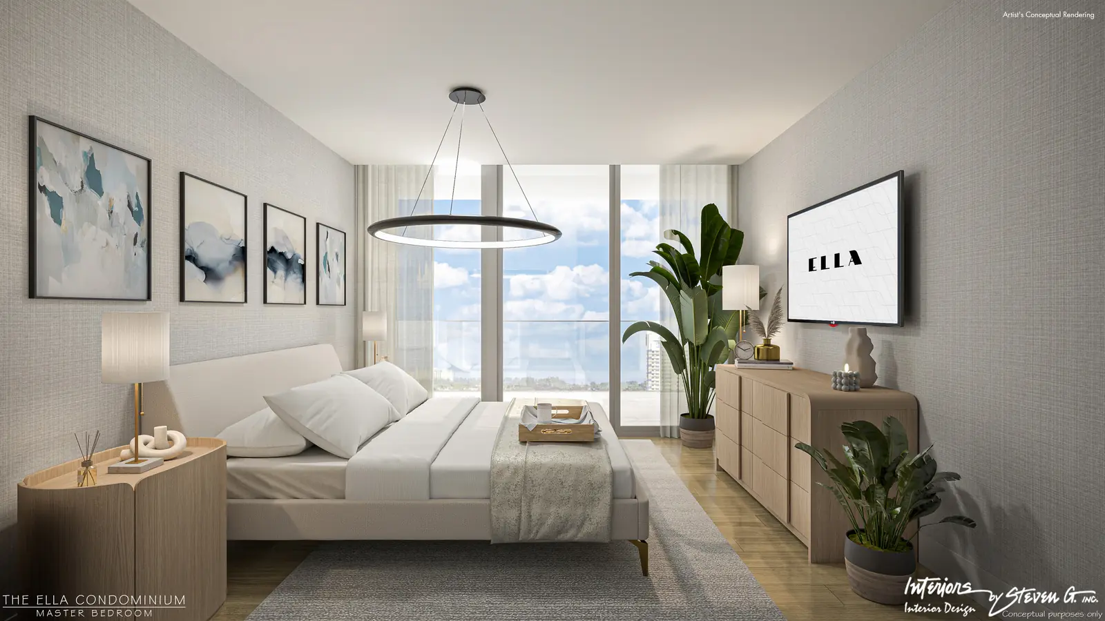 Ella Miami Beach penthouse primary bedroom with ring pendant, framed art and terrace access