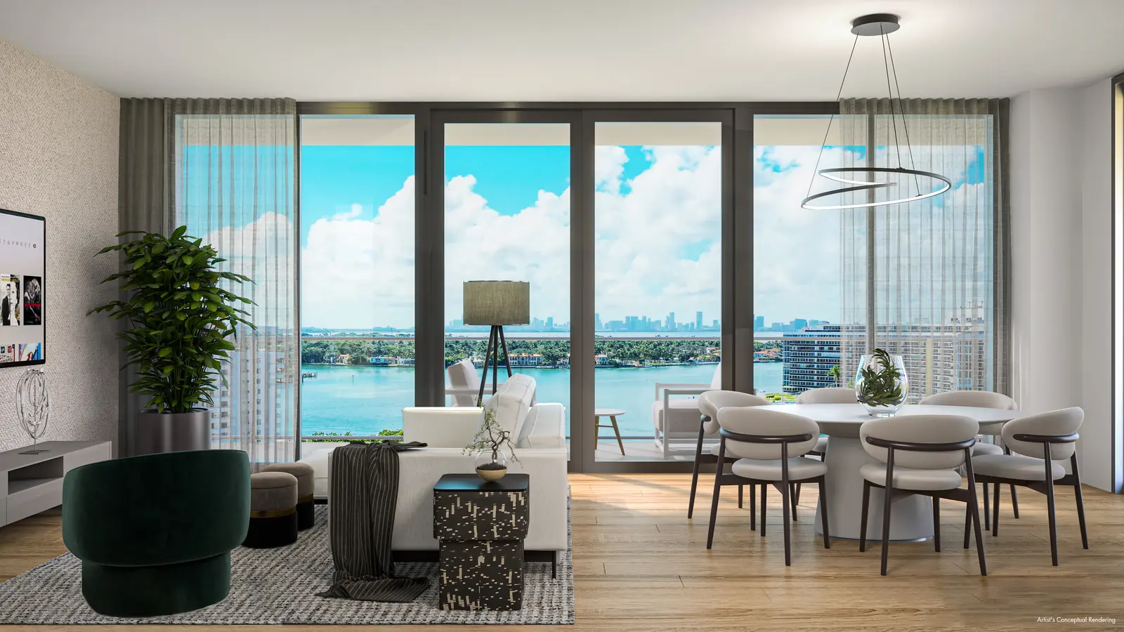 Ella Miami Beach residence living and dining room with sliding glass doors onto a bay-view terrace