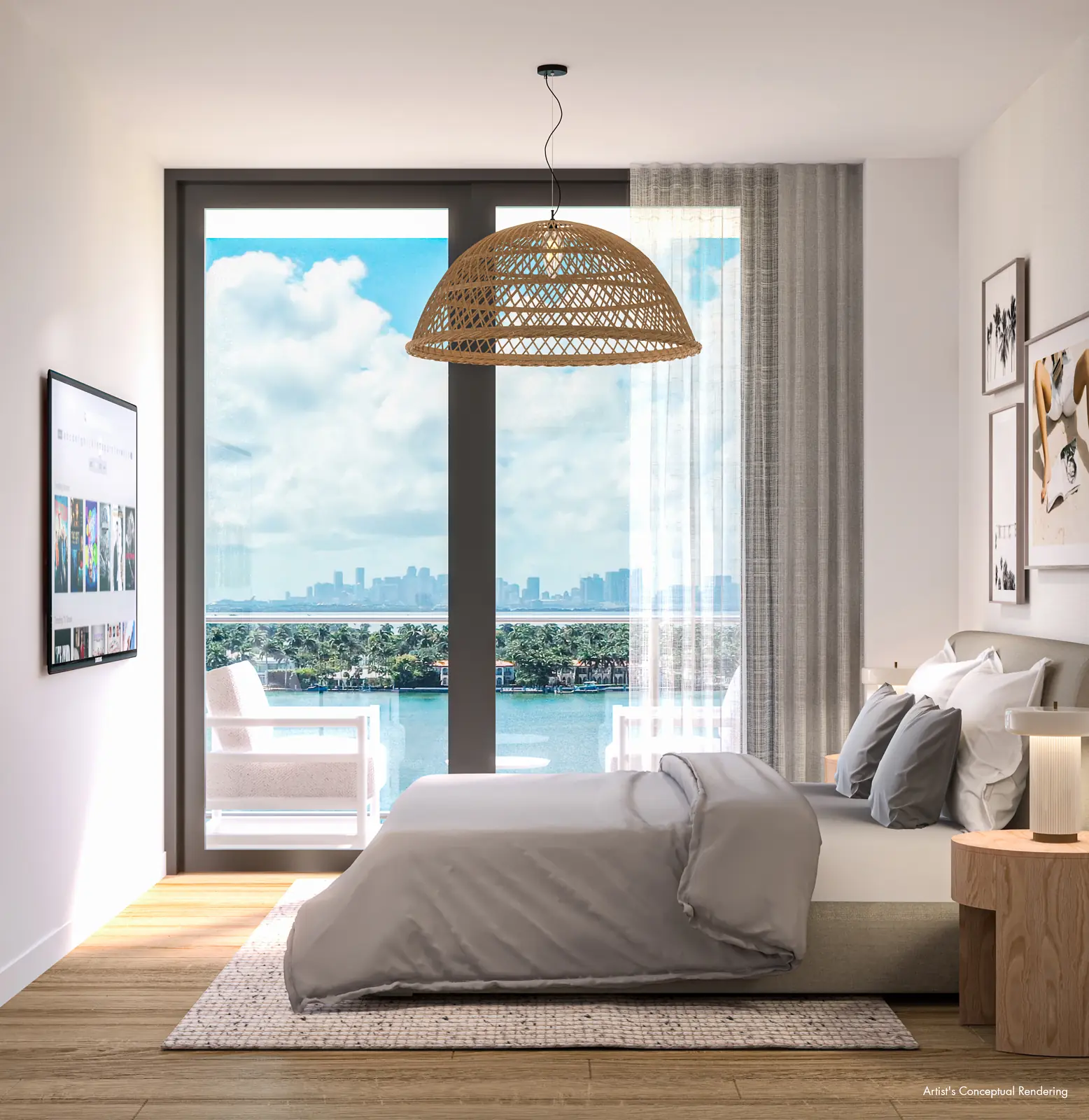 Ella Miami Beach primary bedroom with rattan pendant and floor-to-ceiling glass onto a bay-view terrace