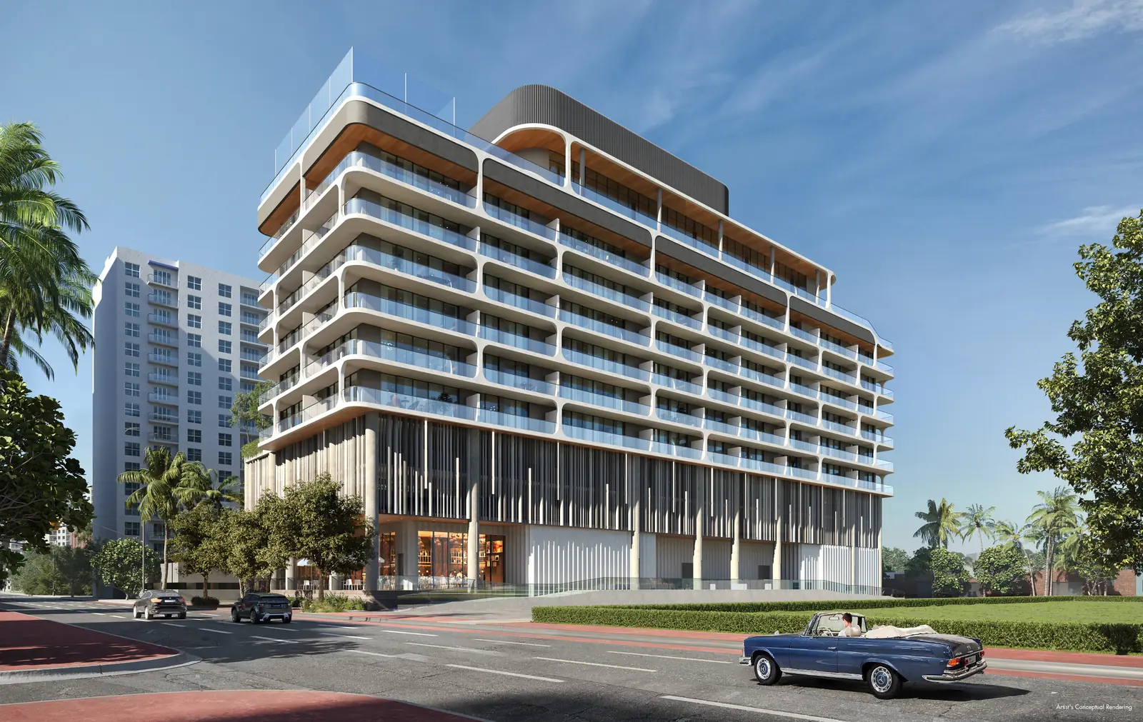 Ella Miami Beach ten-storey white facade with rounded terraces in daylight, North Beach Miami Beach