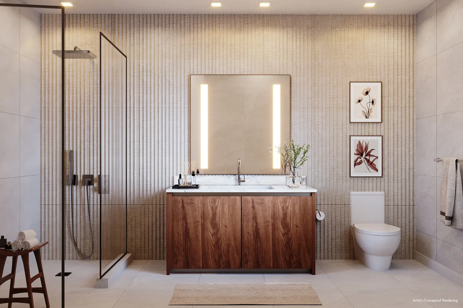 Ella Miami Beach bathroom with walnut vanity, fluted tile, walk-in rain shower and backlit mirror