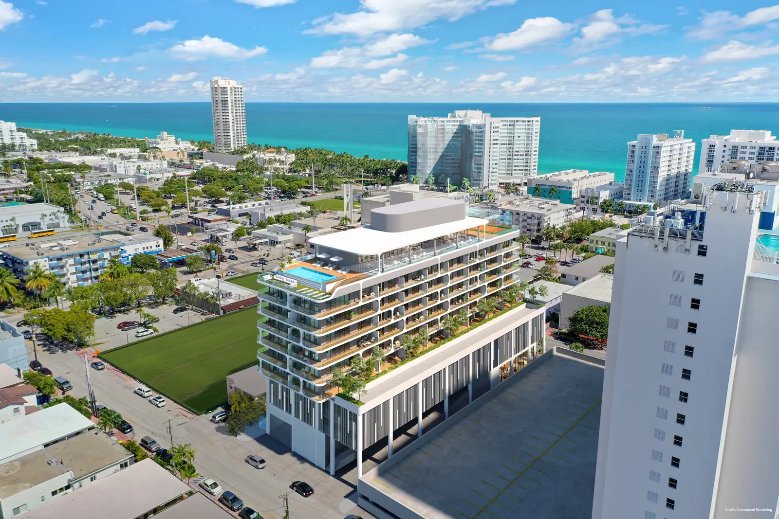 Ella Miami Beach aerial showing rooftop pool and the Atlantic Ocean two blocks east, North Beach Miami Beach