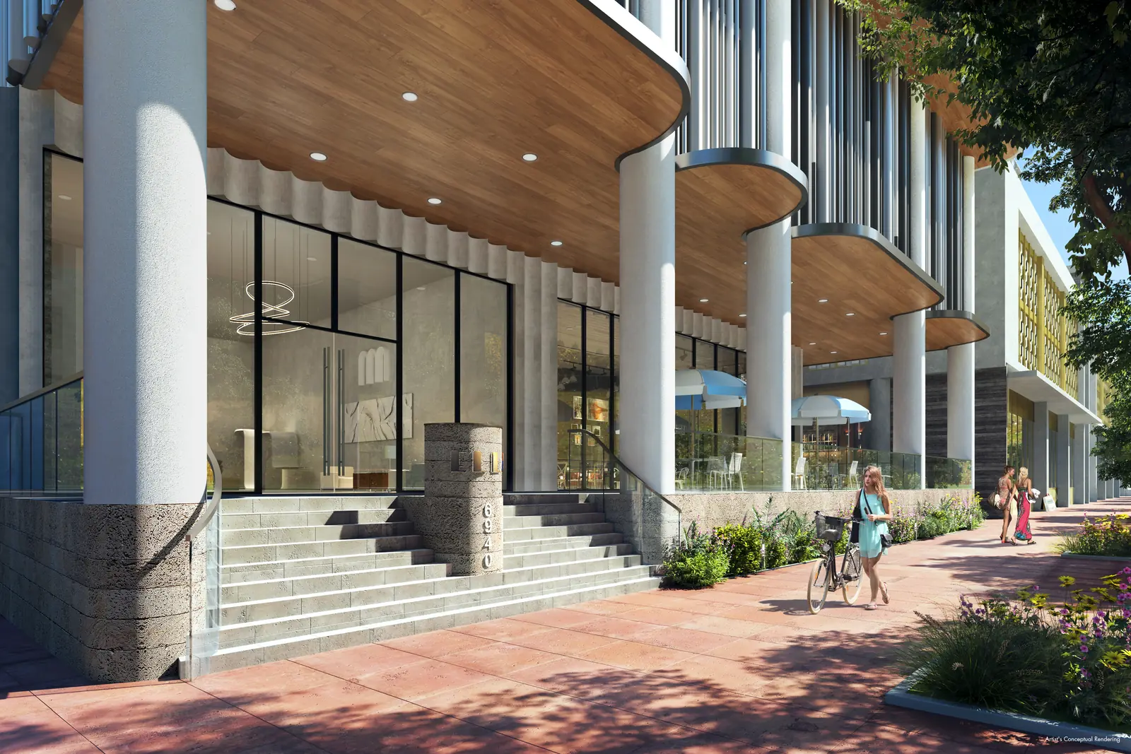 Ella Miami Beach lobby entrance with stone steps and timber soffit under the colonnade, North Beach Miami Beach