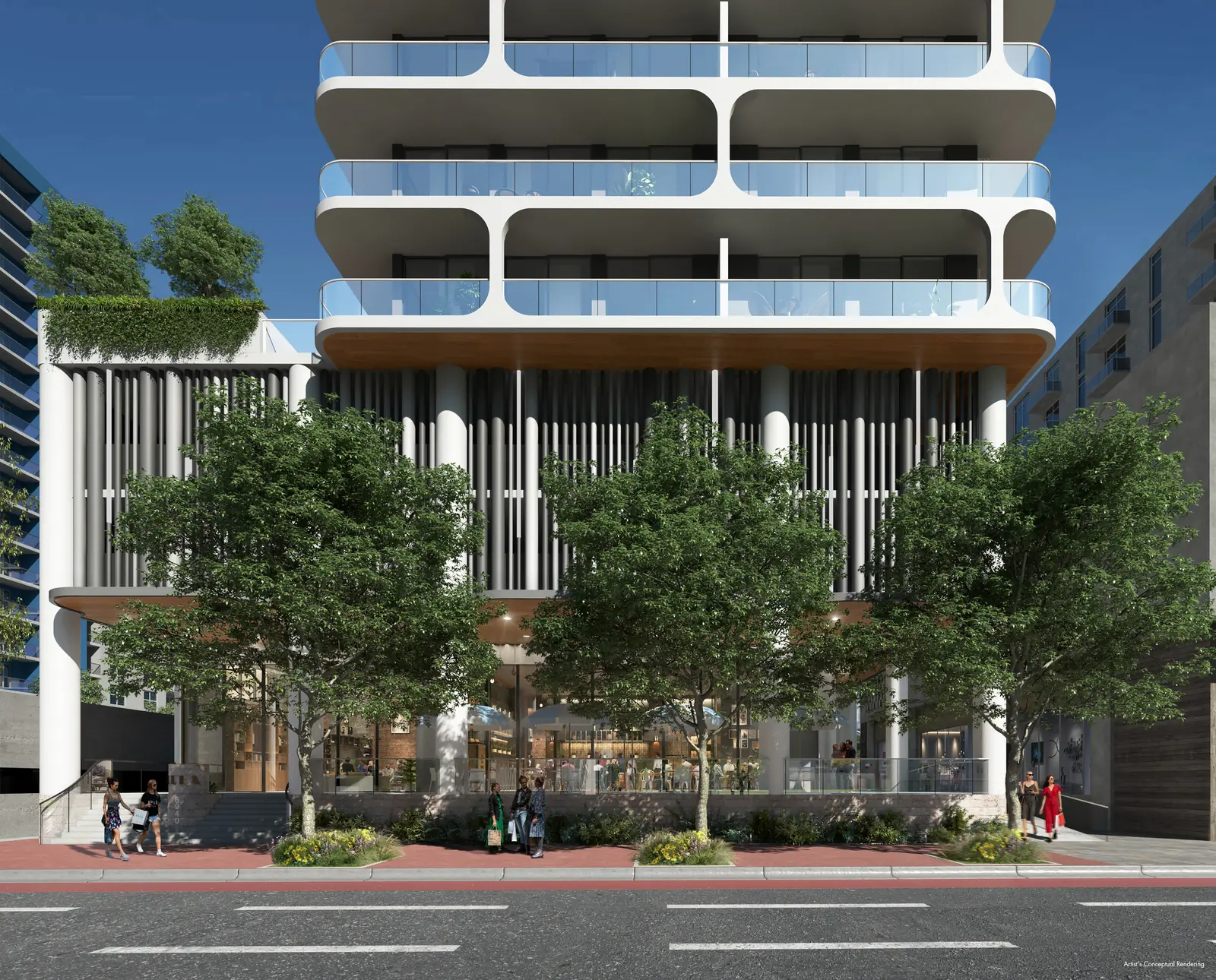 Ella Miami Beach street elevation with fluted colonnade and ground-floor retail frontage, North Beach Miami Beach