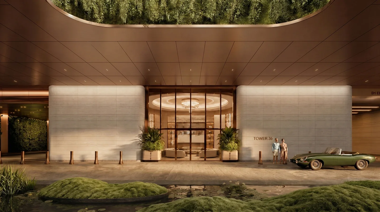 Anantara Residences Miami residential lobby entrance with moss garden at night