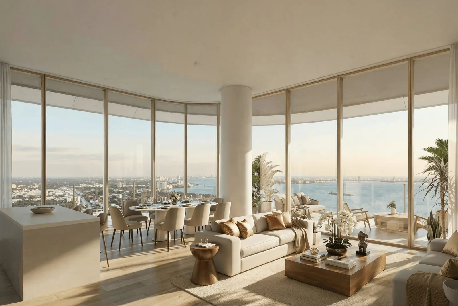 Anantara Residences Miami northeast corner residence living and dining area with Biscayne Bay views