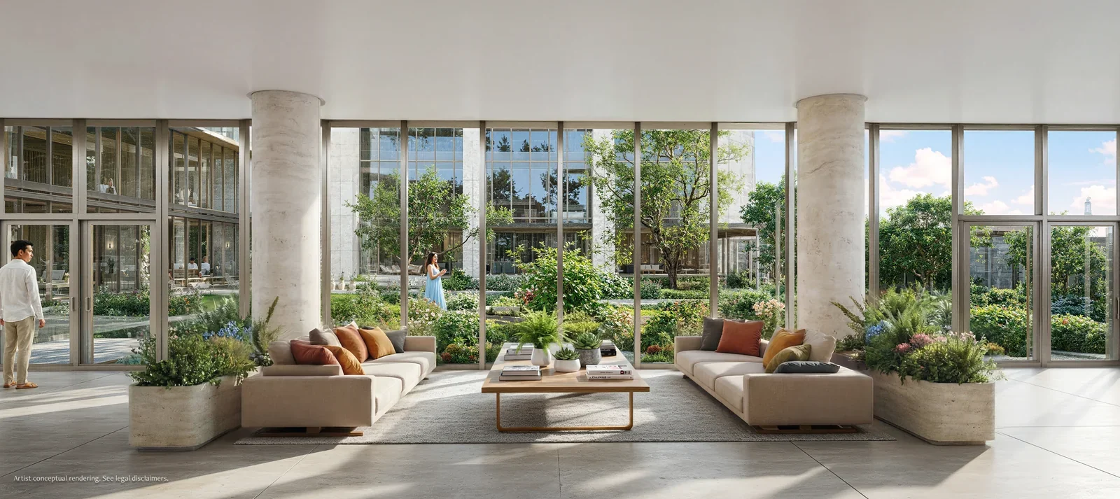 Anantara Residences Miami residents lobby lounge opening onto the planted courtyard
