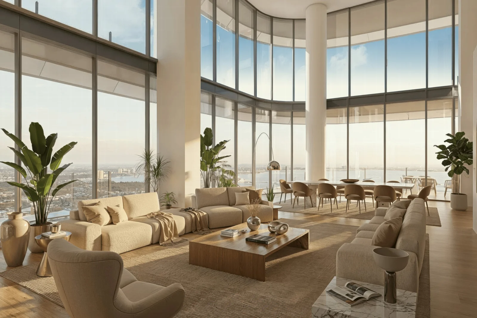 Anantara Residences Miami penthouse double-height living room with curved glazing and bay views