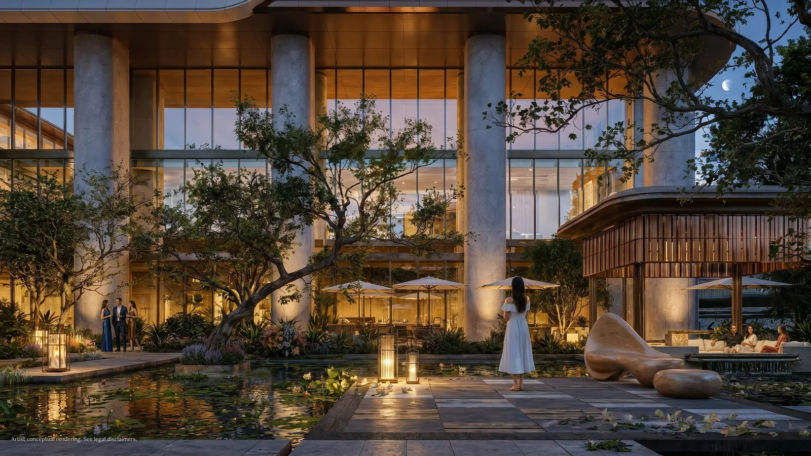 Anantara Residences Miami garden courtyard with lantern-lit pathways in the evening