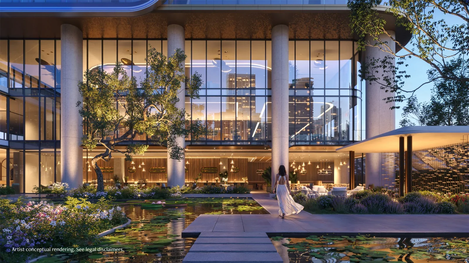 Anantara Residences Miami outdoor amenity terrace and reflecting pond in the evening