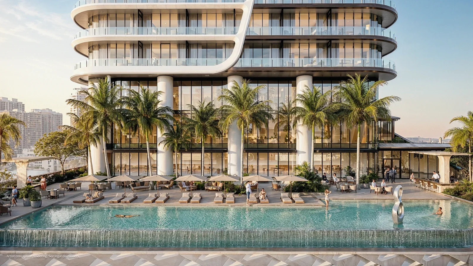 Anantara Residences Miami resort pool deck with palm-lined sun terrace, Edgewater Miami