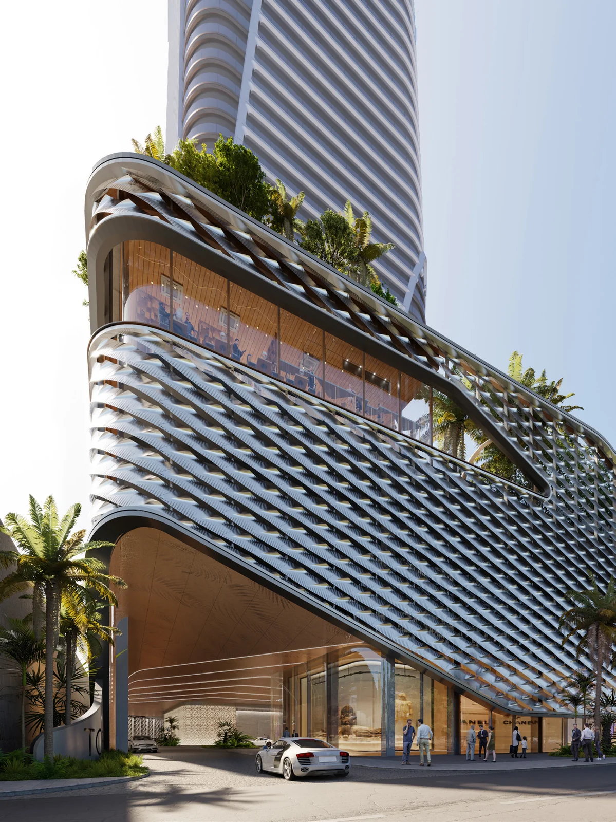 Anantara Residences Miami podium metal lattice screen above the ground-floor colonnade
