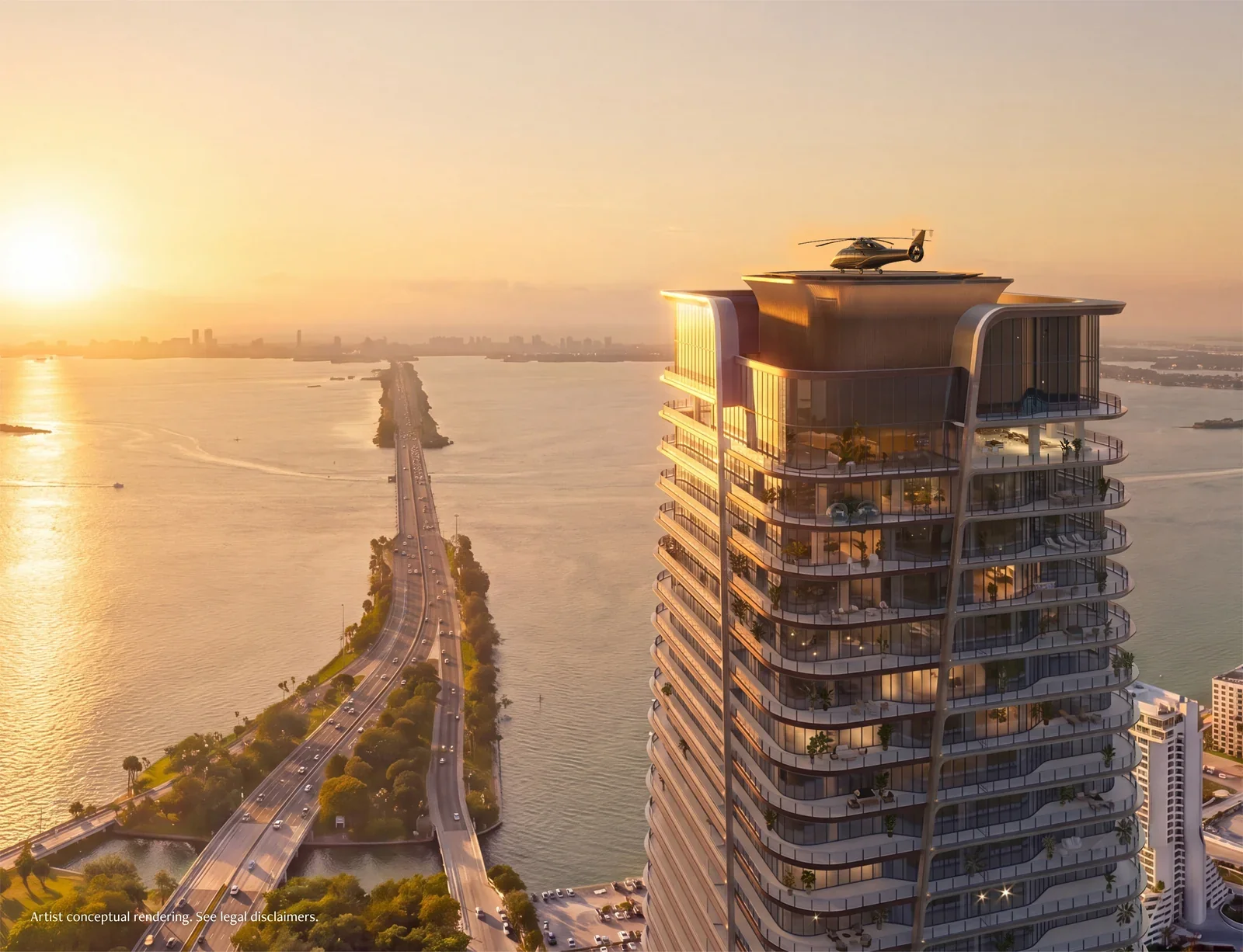Anantara Residences Miami tower crown with rooftop helipad at sunset over Biscayne Bay
