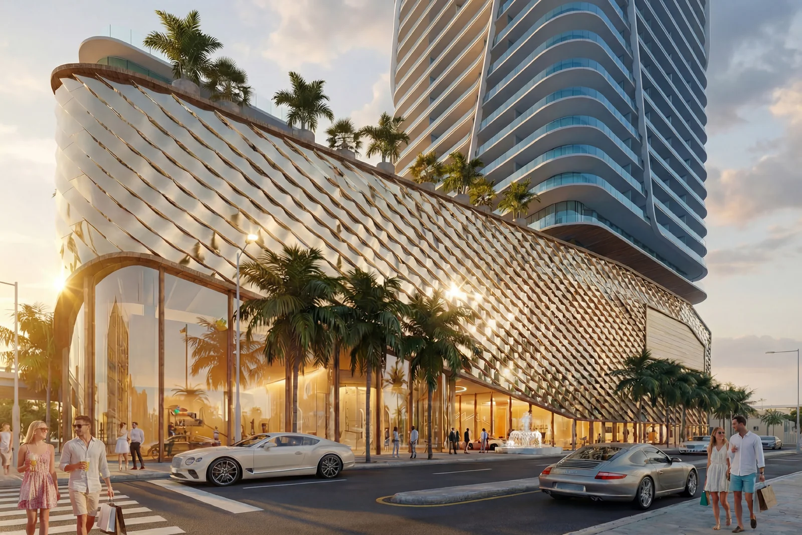 Anantara Residences Miami illuminated podium and palm-lined sidewalk on Biscayne Boulevard at sunset