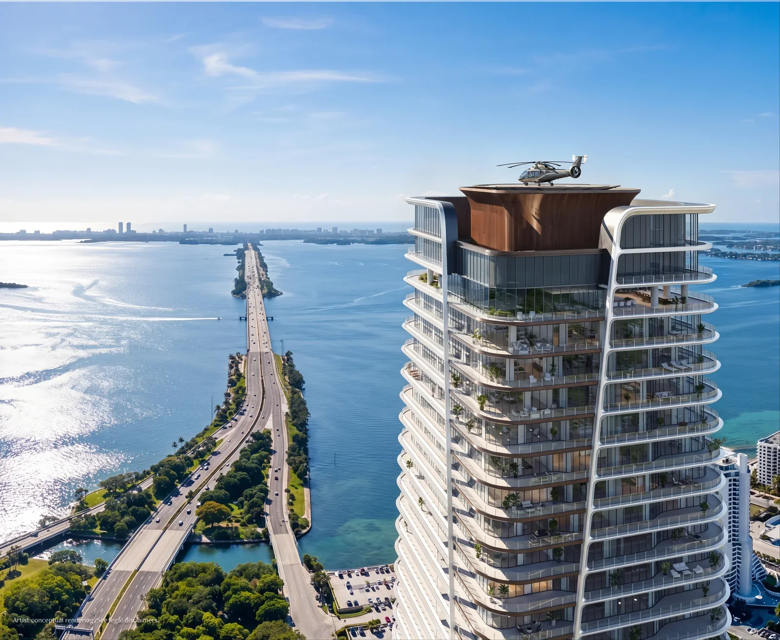 Anantara Residences Miami rooftop helipad and terraced penthouse levels above Biscayne Bay