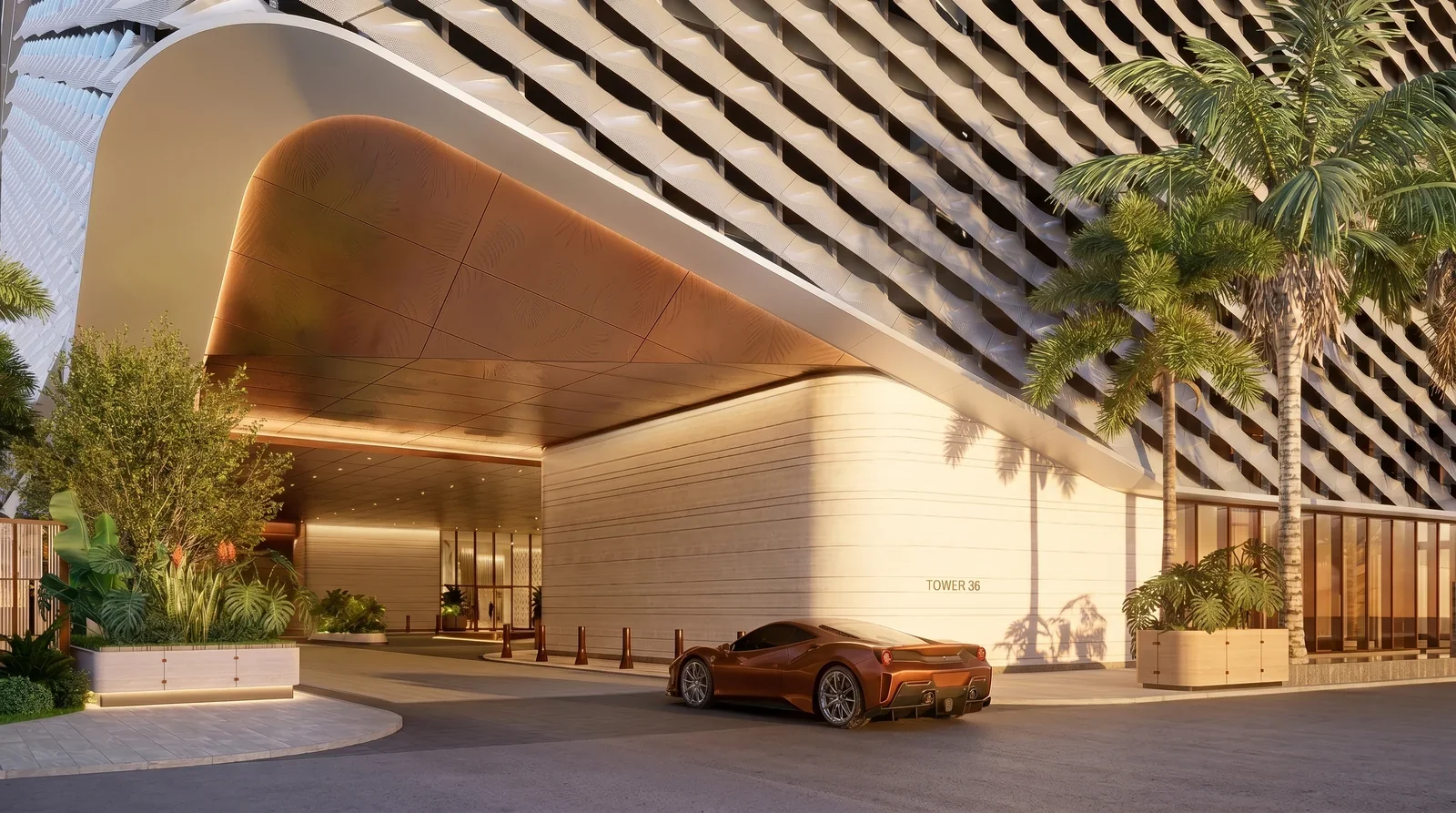 Anantara Residences Miami motor court arrival canopy with bronze soffit and palm planting