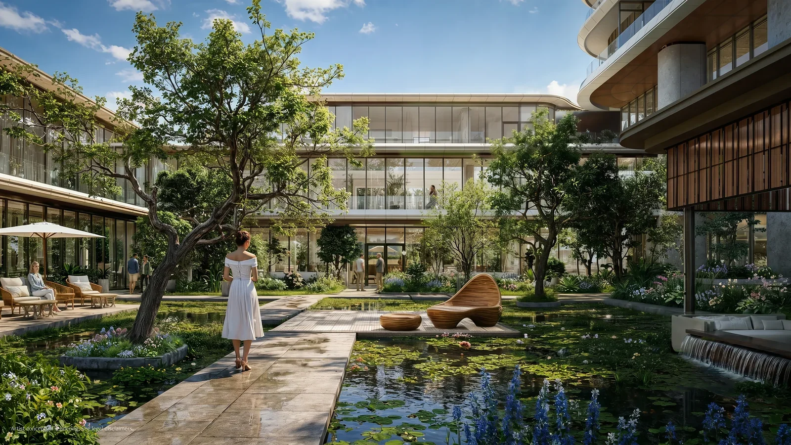 Anantara Residences Miami garden courtyard with lily pond and reflecting water