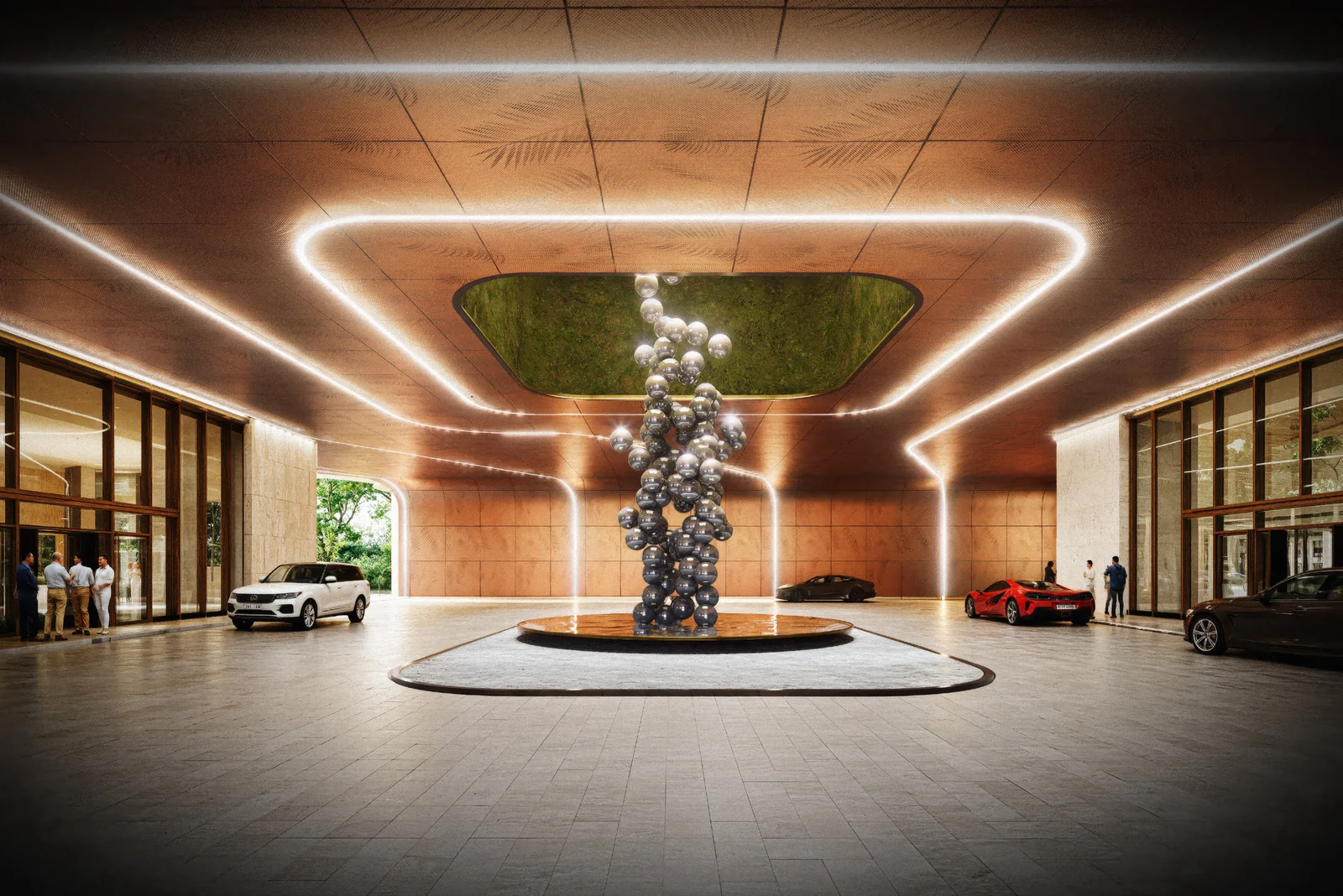 Anantara Residences Miami porte-cochere with suspended mirrored sphere sculpture and planted skylight