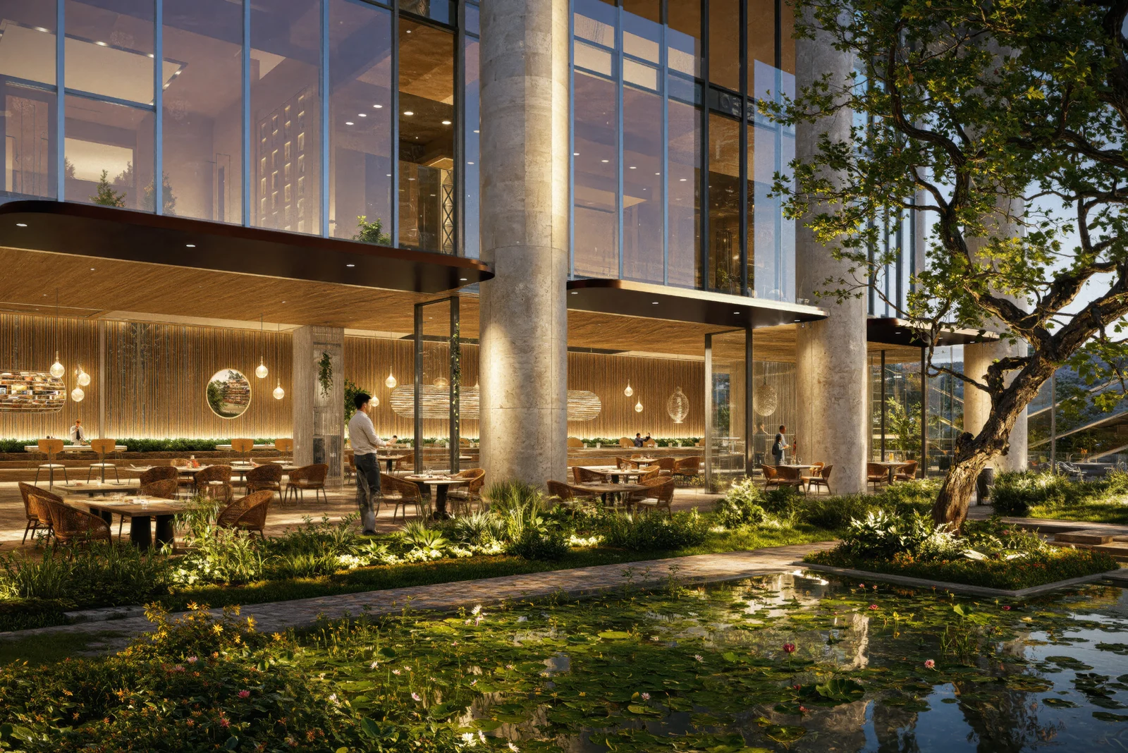 Anantara Residences Miami al fresco dining terrace beside the garden water feature