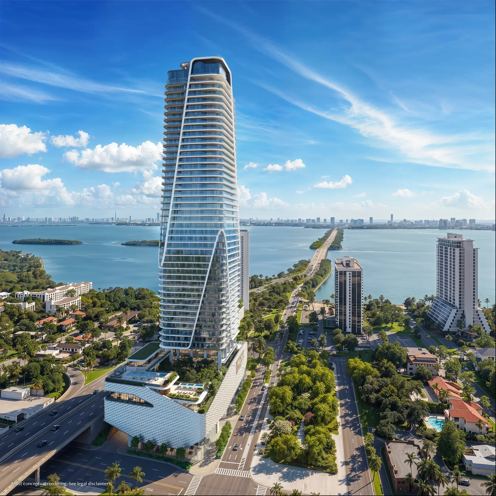 Anantara Residences Miami tower aerial above Biscayne Bay and the Julia Tuttle Causeway, Edgewater Miami