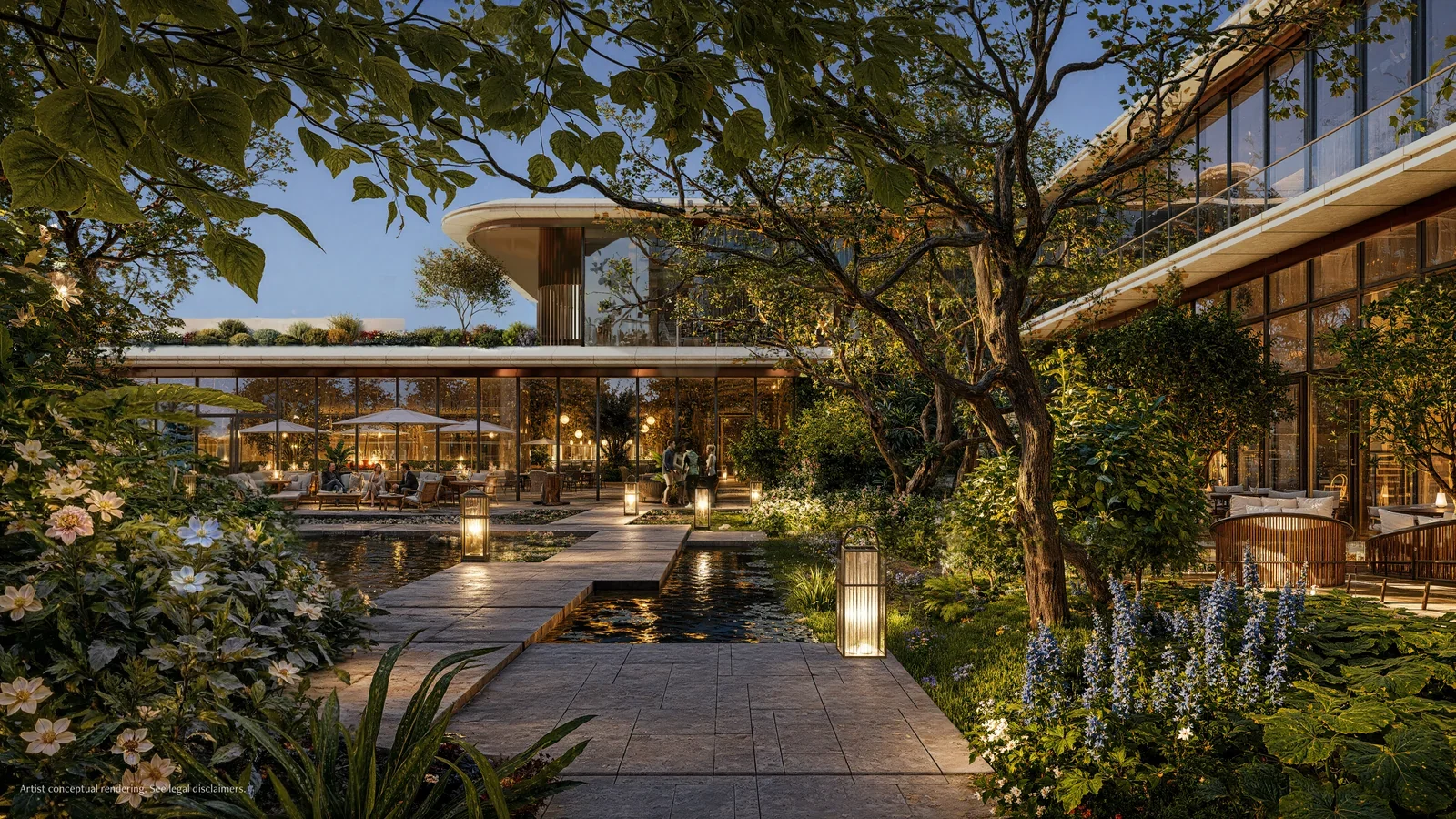 Anantara Residences Miami west garden pathway and reflecting pond illuminated at dusk