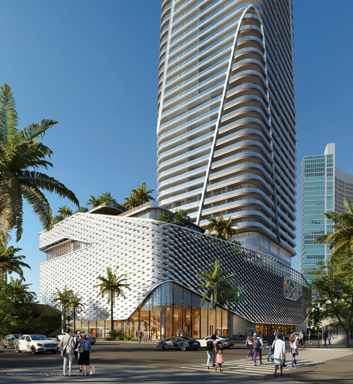 Anantara Residences Miami podium with woven metal lattice facade at street level, Biscayne Boulevard