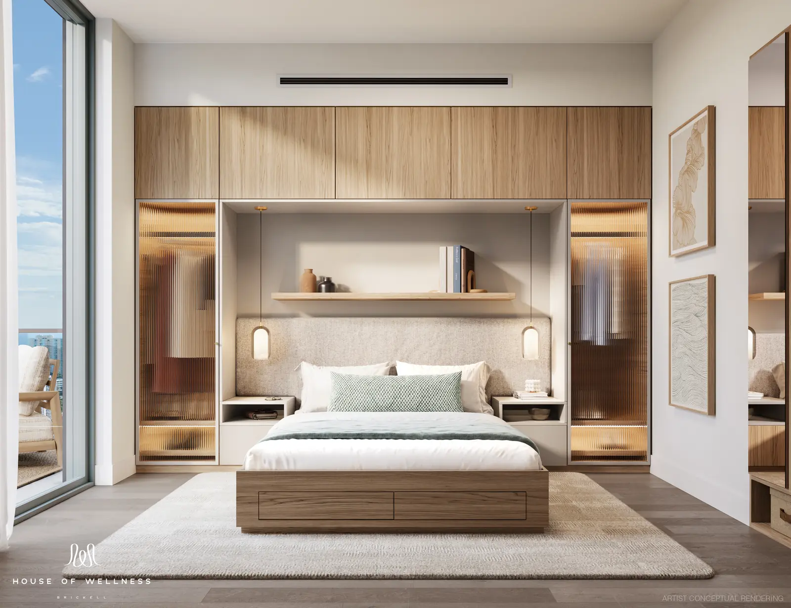 House of Wellness Brickell bedroom with integrated oak millwork wardrobes and backlit niches