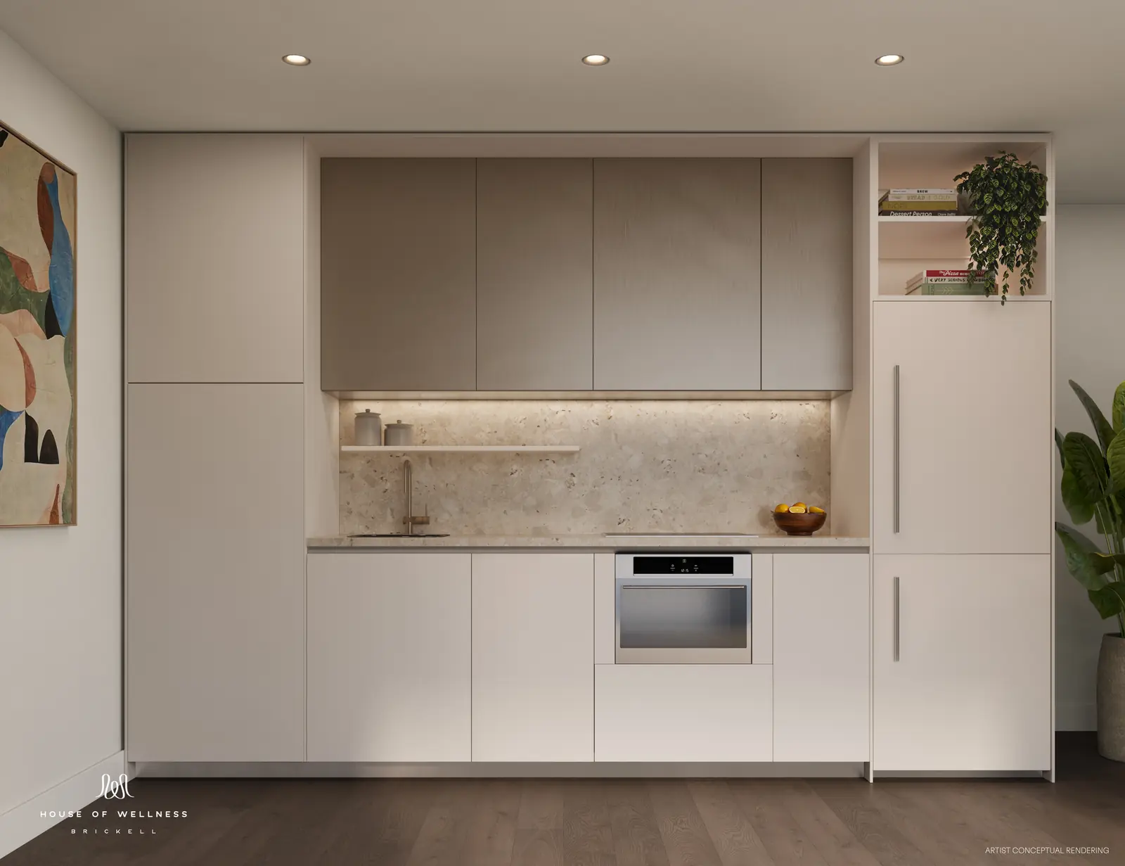 House of Wellness Brickell kitchen with two-tone cabinetry, terrazzo countertop and speed oven