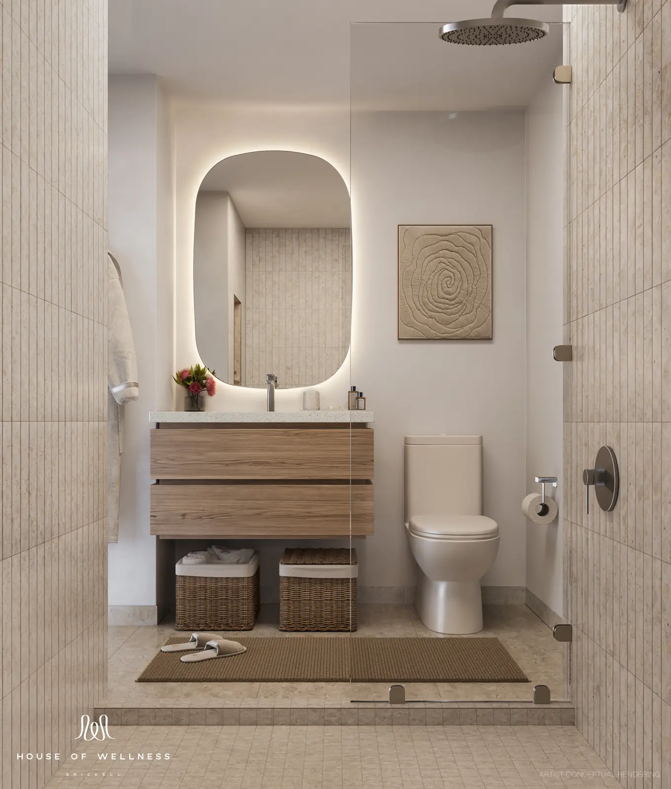 House of Wellness Brickell bathroom with porcelain tile, backlit mirror and glass walk-in rain shower