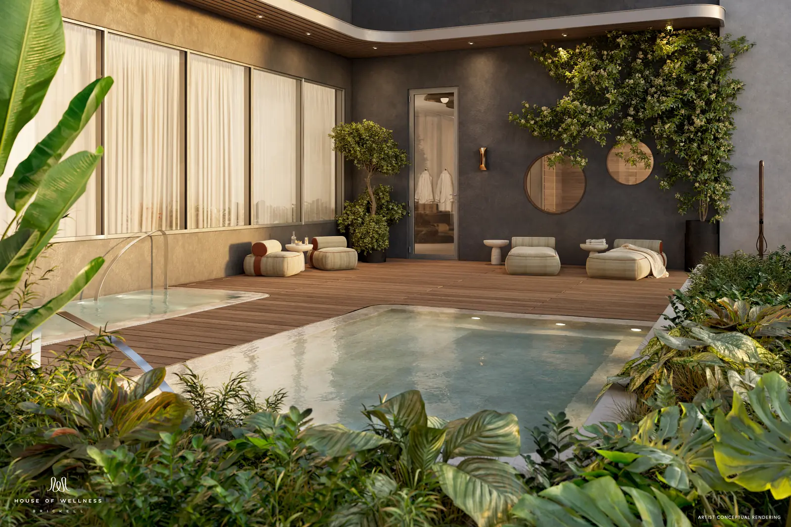 House of Wellness Brickell plunge pool and recovery deck surrounded by dense tropical planting