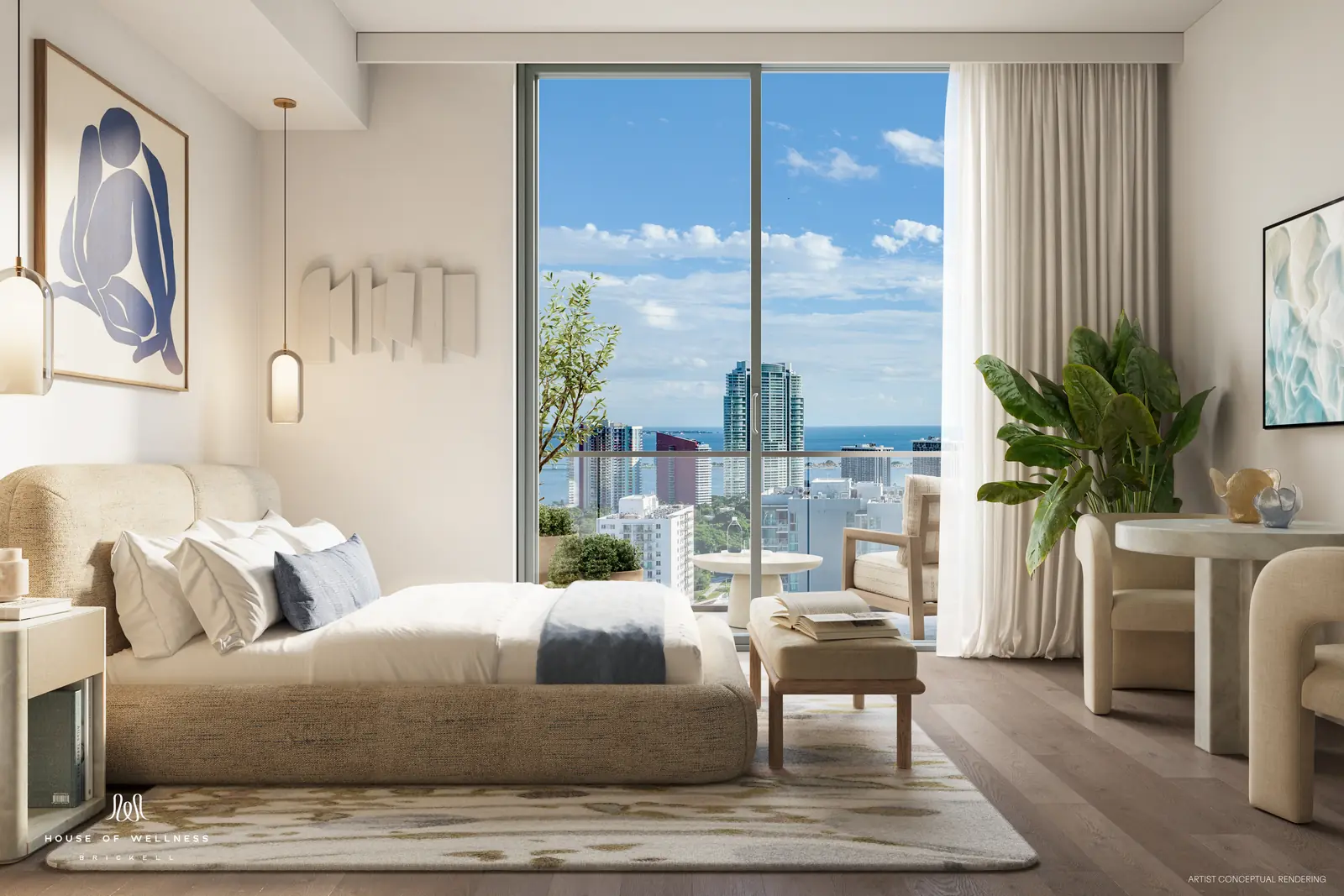 House of Wellness Brickell studio residence with bed, desk and floor-to-ceiling glass over Brickell