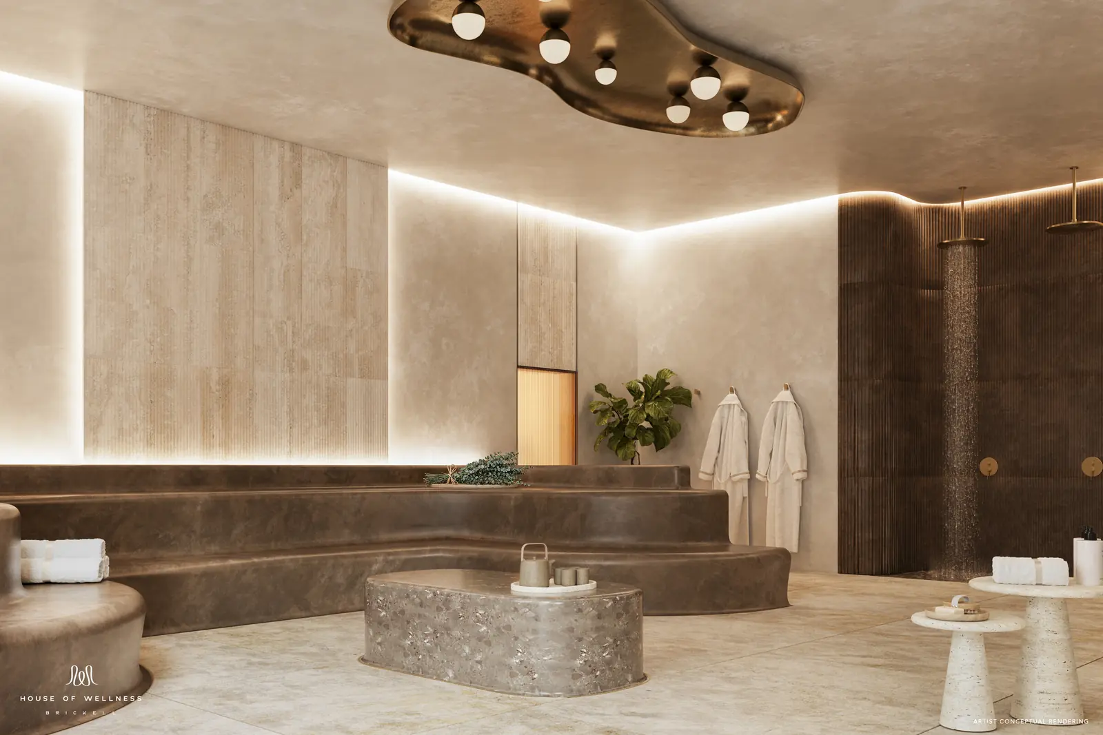 House of Wellness Brickell hammam with heated stone benches, travertine walls and soaking basin