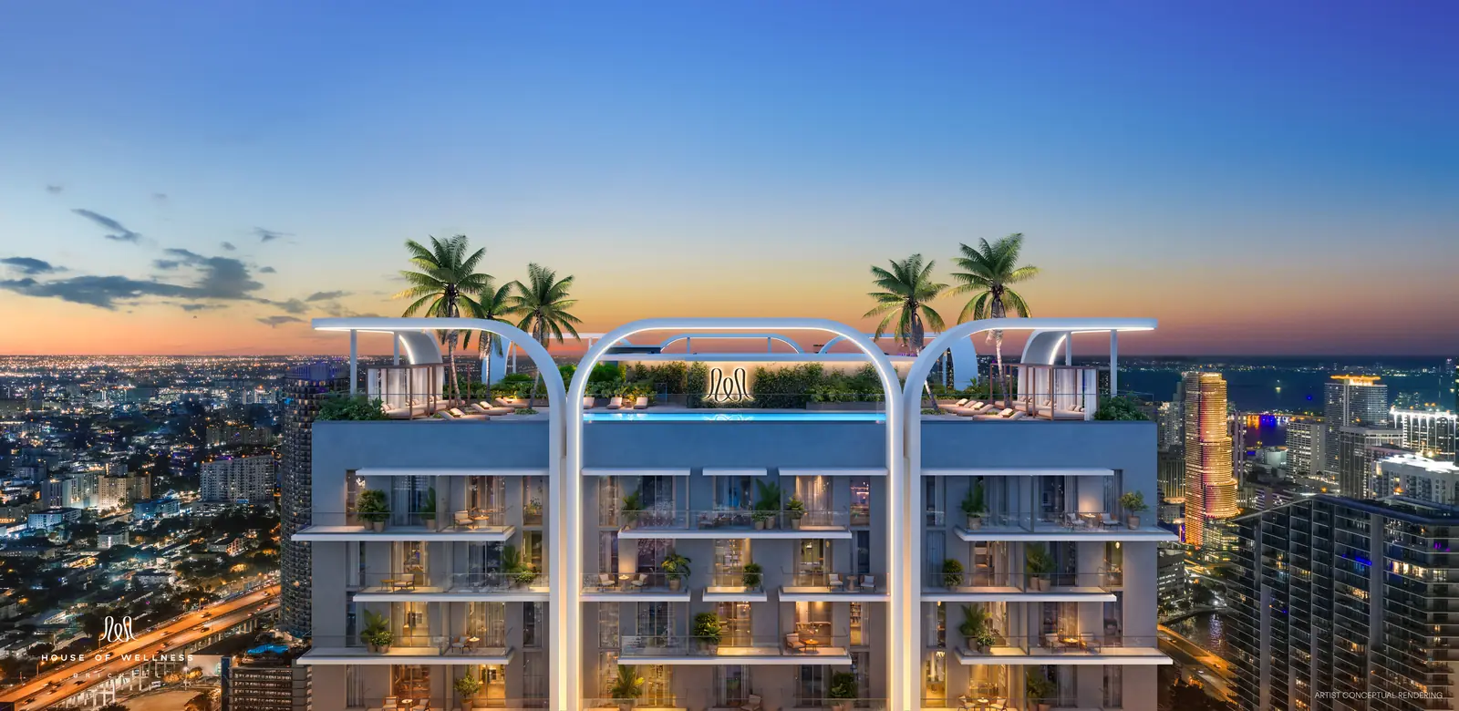 House of Wellness Brickell rooftop crown and pool terrace at sunset above the Miami skyline