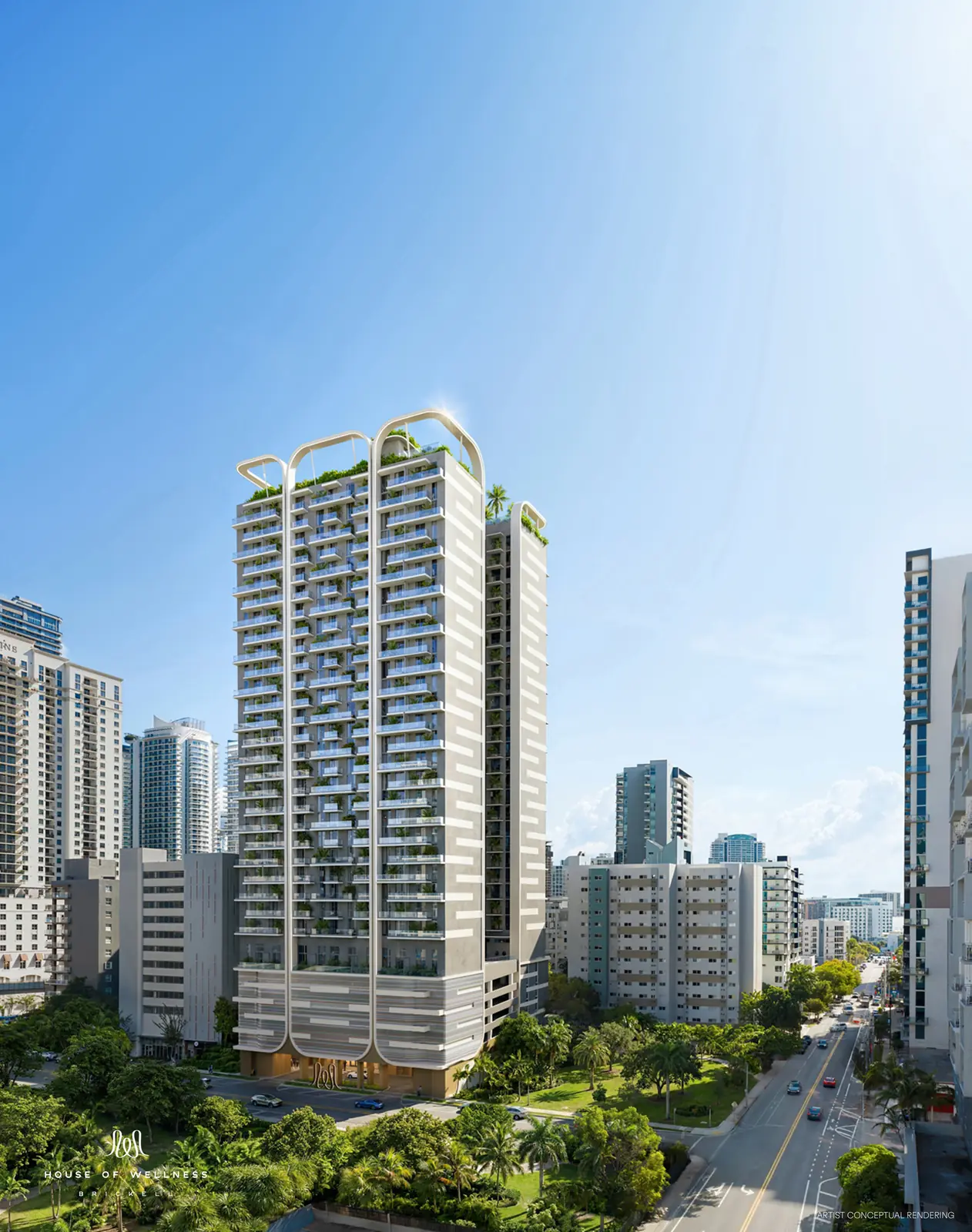 House of Wellness Brickell tower exterior with landscaped terraces above Brickell skyline, Miami