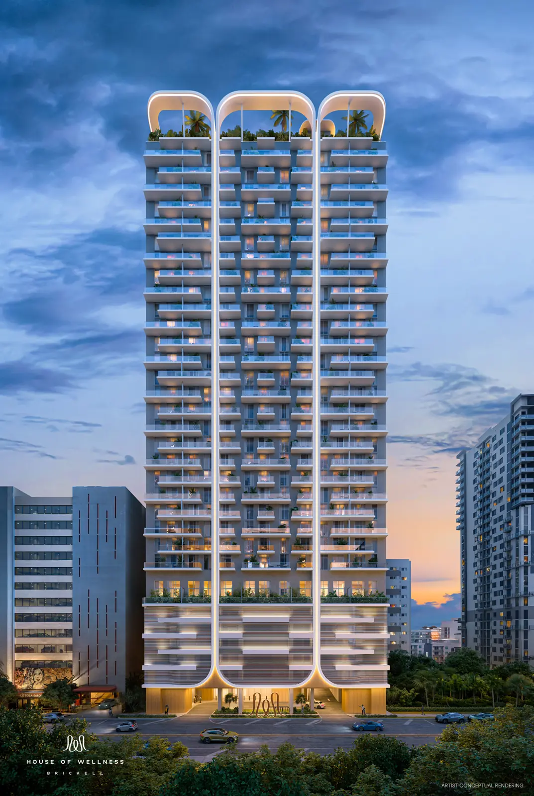 House of Wellness Brickell illuminated arched facade at dusk, Brickell Miami