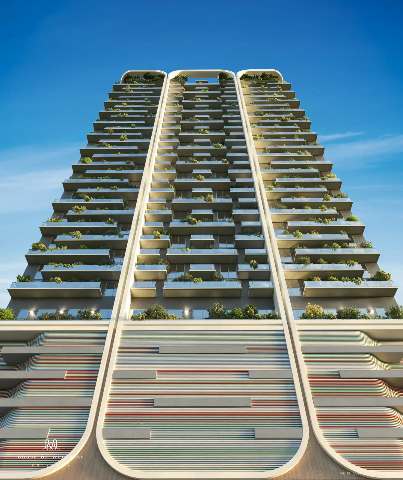 House of Wellness Brickell facade seen from street level with planted balconies on every floor, Miami