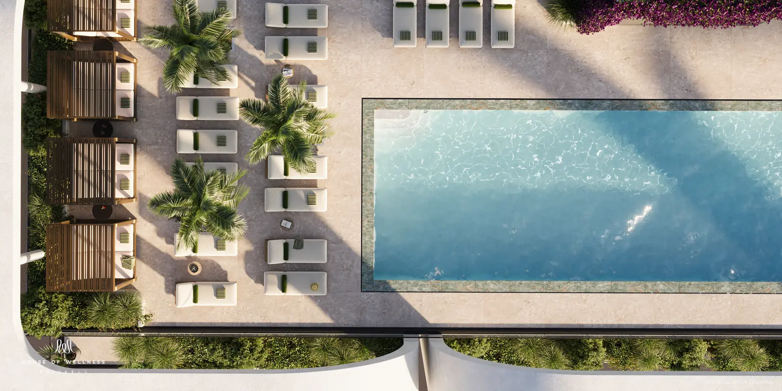House of Wellness Brickell pool deck from above with cabanas, sun loungers and palms, Miami