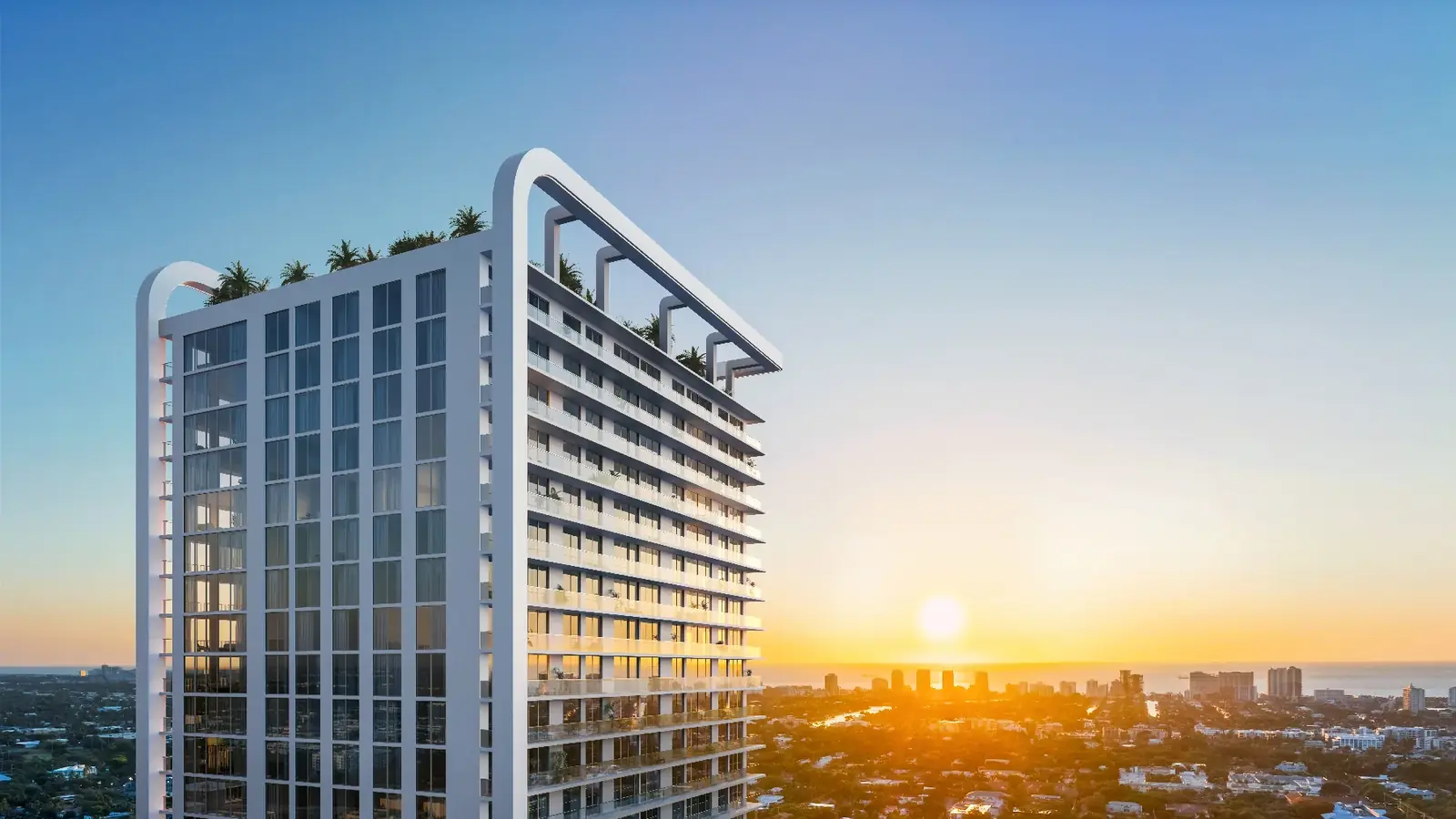 Viceroy Residences Fort Lauderdale crown and penthouse levels above the skyline at sunset, Fort Lauderdale