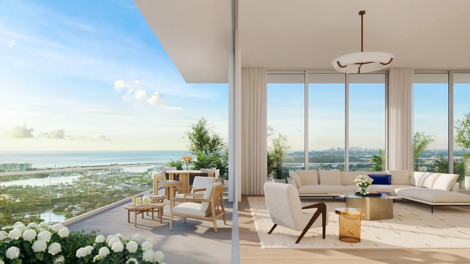 Viceroy Residences Fort Lauderdale residence living room opening to a tiled terrace with ocean views