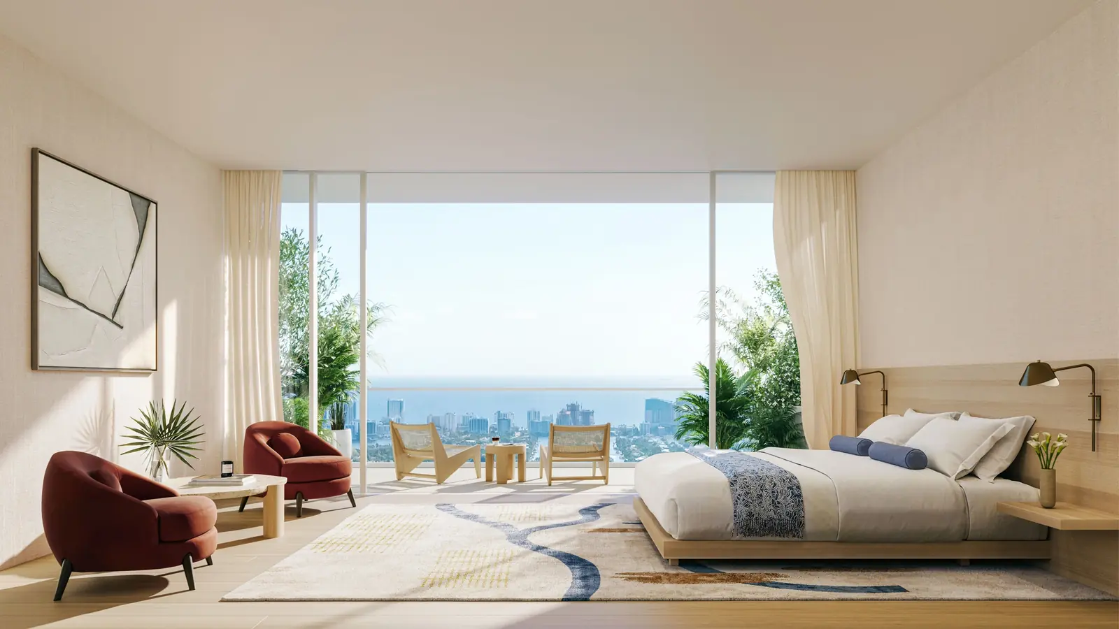 Viceroy Residences Fort Lauderdale primary bedroom with sliding glass doors to a terrace and ocean horizon