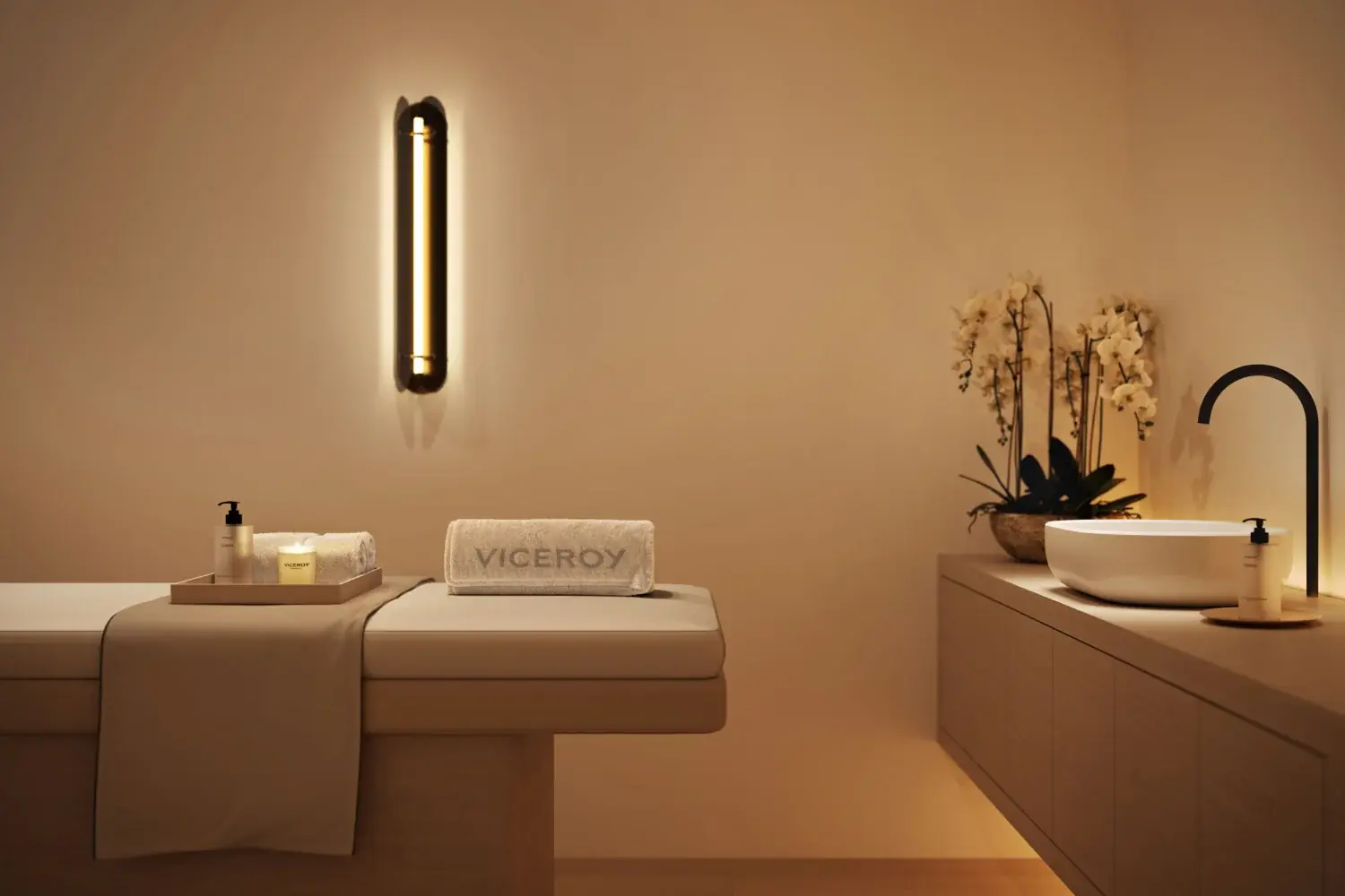 Viceroy Residences Fort Lauderdale spa treatment suite with massage table and stone basin