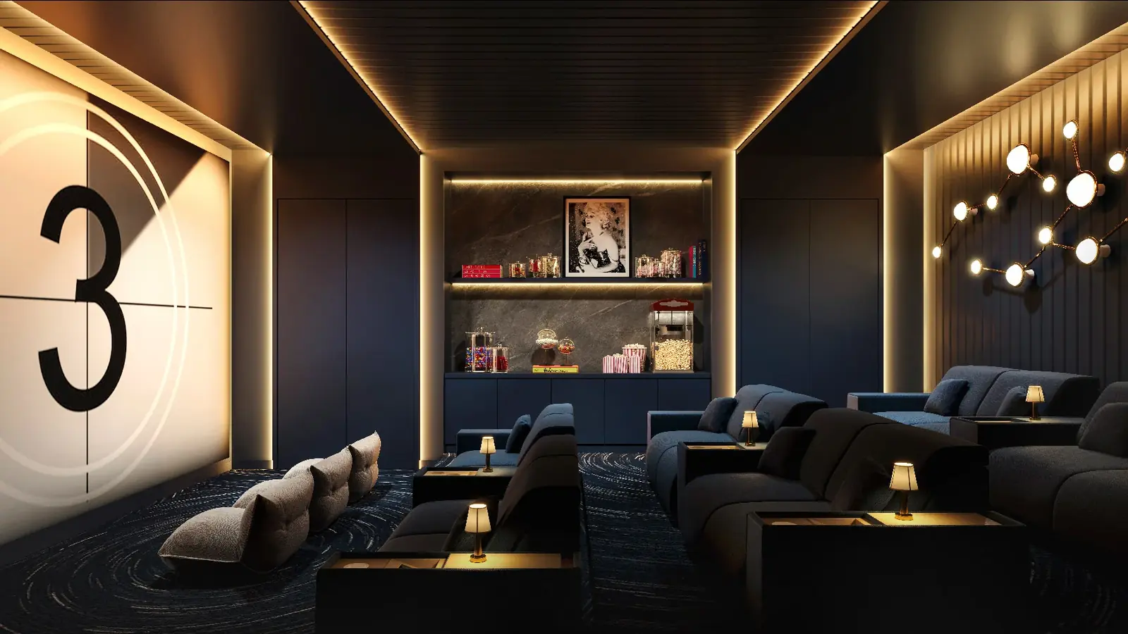 Viceroy Residences Fort Lauderdale screening room with tiered lounge seating and projection wall