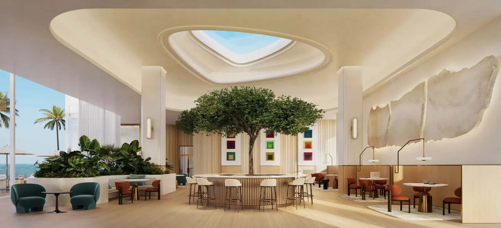 Viceroy Residences Fort Lauderdale double-height atrium with skylight, centrepiece bar and mature tree
