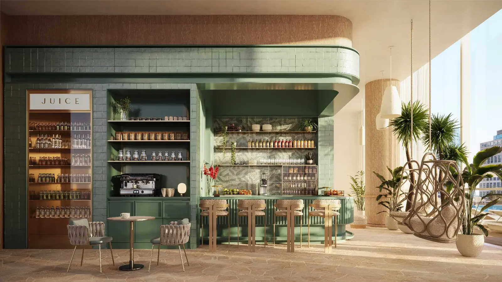 Viceroy Residences Fort Lauderdale juice bar with counter seating and terrace access