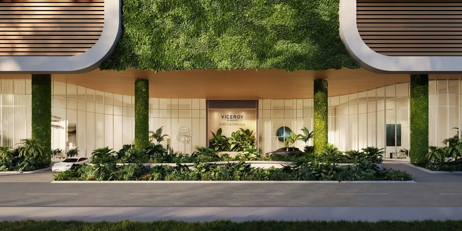 Viceroy Residences Fort Lauderdale porte-cochere arrival with green walls and bronze-toned screens