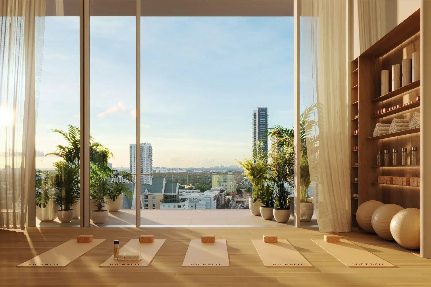 Viceroy Residences Fort Lauderdale yoga studio opening to a planted meditation terrace