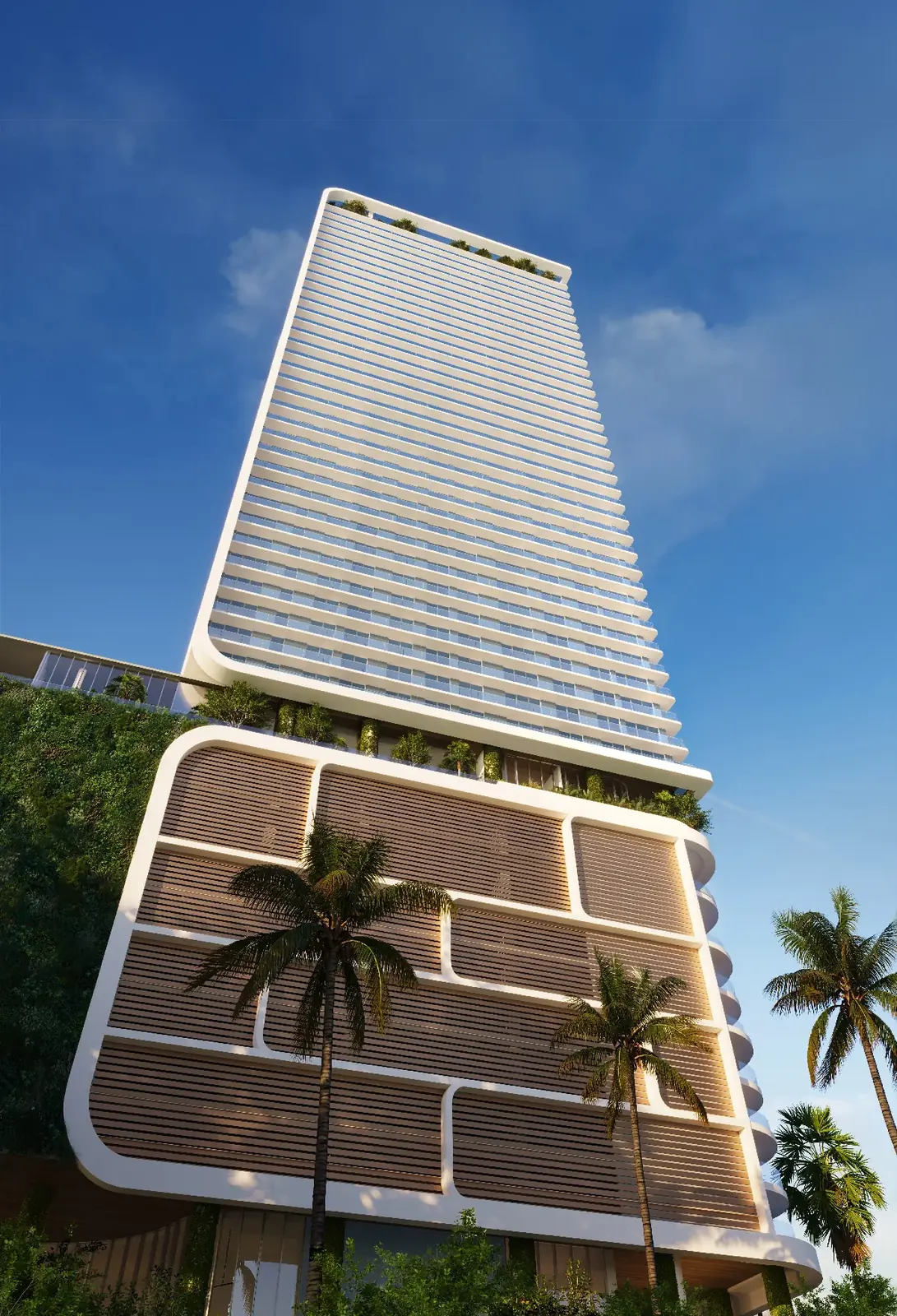 Viceroy Residences Fort Lauderdale curved glass facade viewed upward from the palm-lined podium, Fort Lauderdale