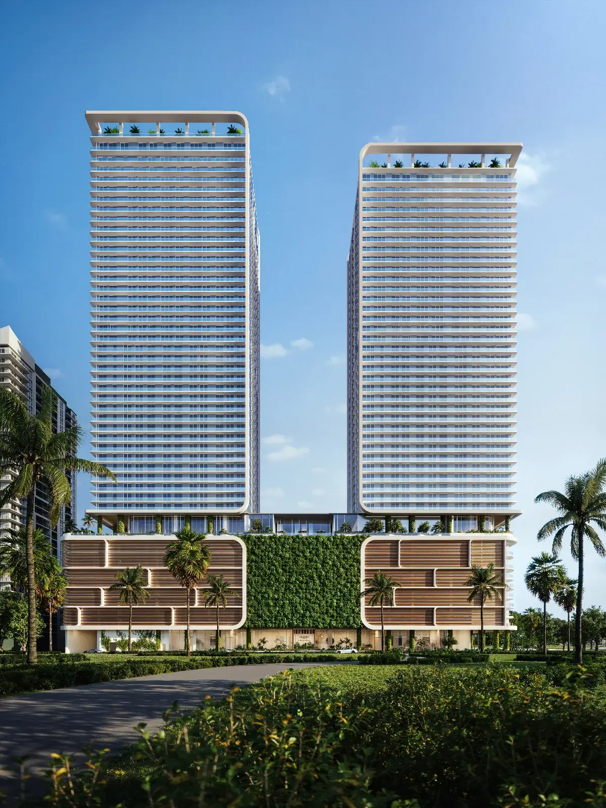 Viceroy Residences Fort Lauderdale glass tower with landscaped podium and palm-lined entry, Fort Lauderdale