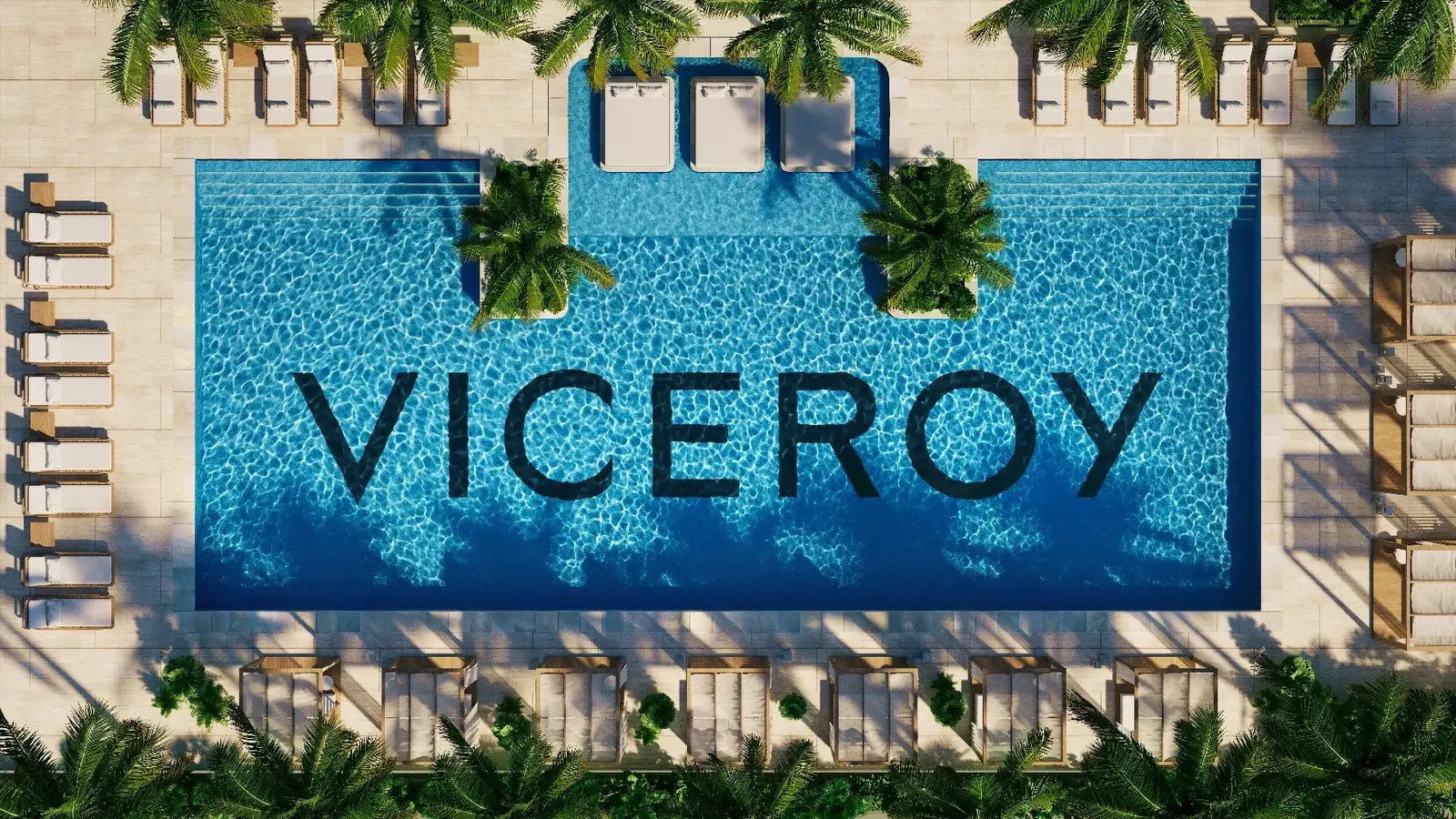 Viceroy Residences Fort Lauderdale pool deck seen from above with Viceroy lettering and cabana rows