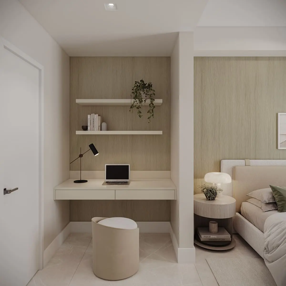 Botanic Residences primary bedroom with built-in timber workspace, shelving and upholstered bed